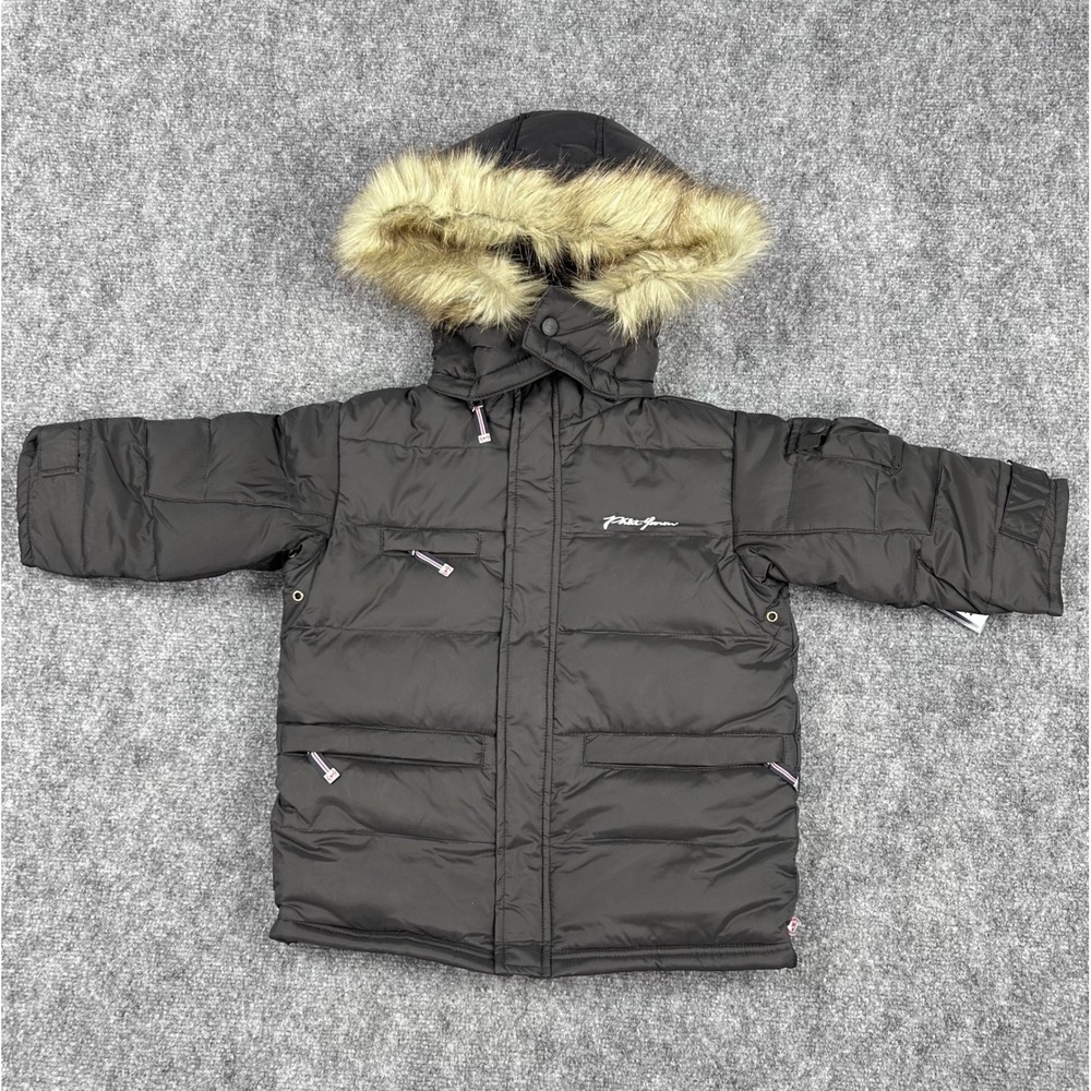 Phat Farm Kids Black Puffer Jacket Hooded Fur Trim‎ Down Feather Quilted Size 3T